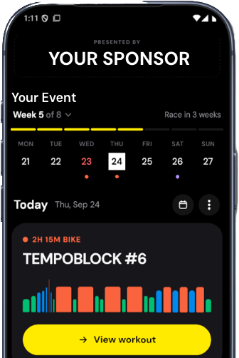 The Race Readiness app: this week’s calendar and today’s workout, with your sponsor at the top